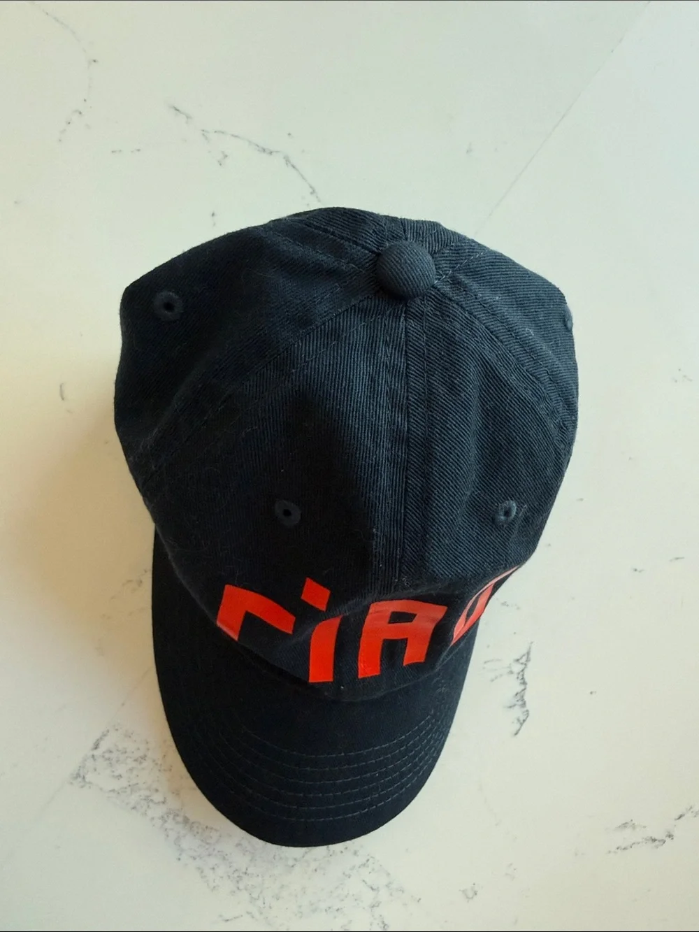 Clare V. Ciao Baseball Cap red block letters navy cotton canvas